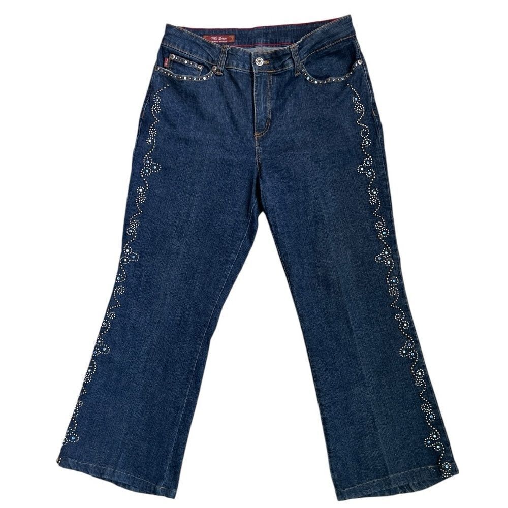 MU JEANS Authentic Dungarees Y2K Blue Denim Stud Crystals Designed Wide Leg Sz16